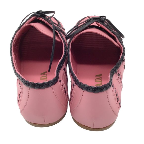 PRADA PINK / BLACK 2019 WOVEN LACE-UP MOCCASINS / FLATS - Picture 6 of 8
